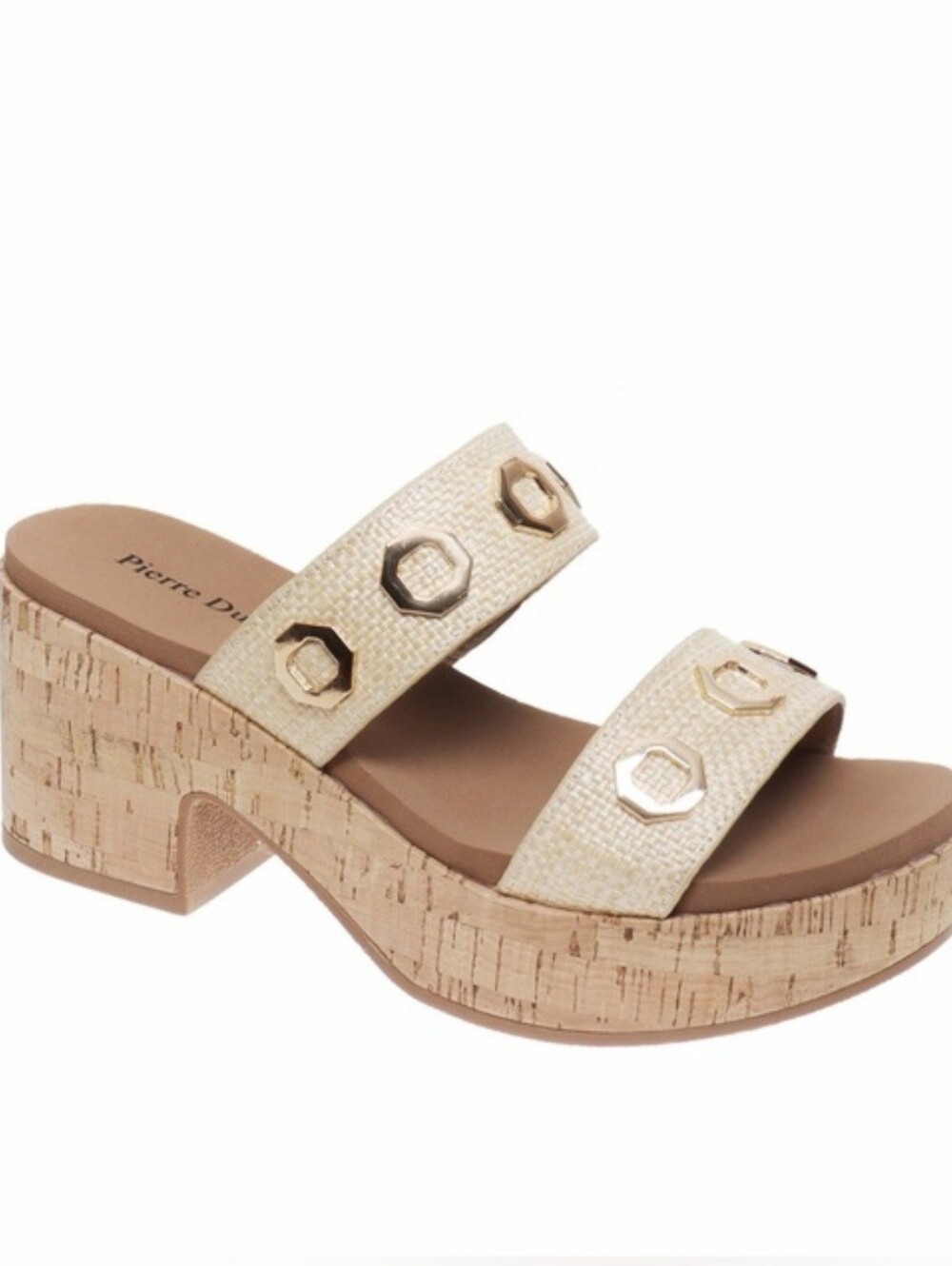 Pierre Dumas Gold-Accent Cream Cork Platform Wedge Sandal